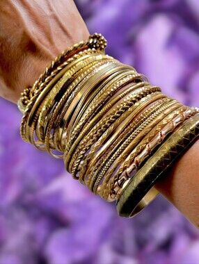 Mixed Y2K Boho Gold/Brass Tone Stacked Bangle Bracelet Bundle [20+pc]